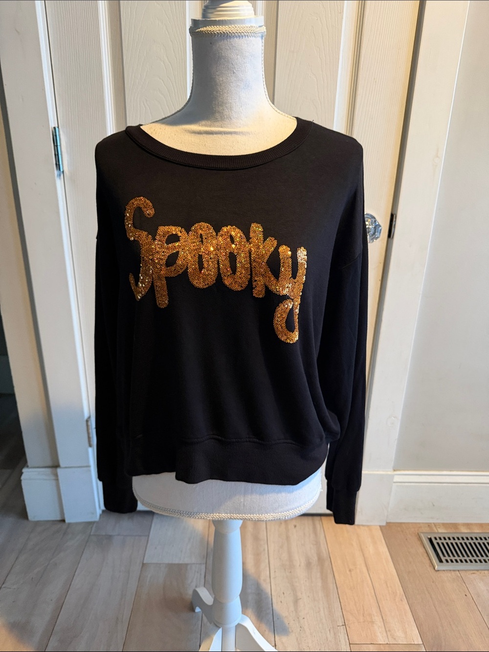 Cynthia Rowley Black Sweatshirt with Gold Sequin "Spooky" Script